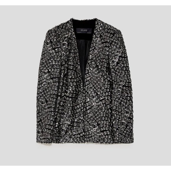 ZARA BASIC Black Sequin Embroidered Blazer Jacket - Size Medium - Picture 8 of 8